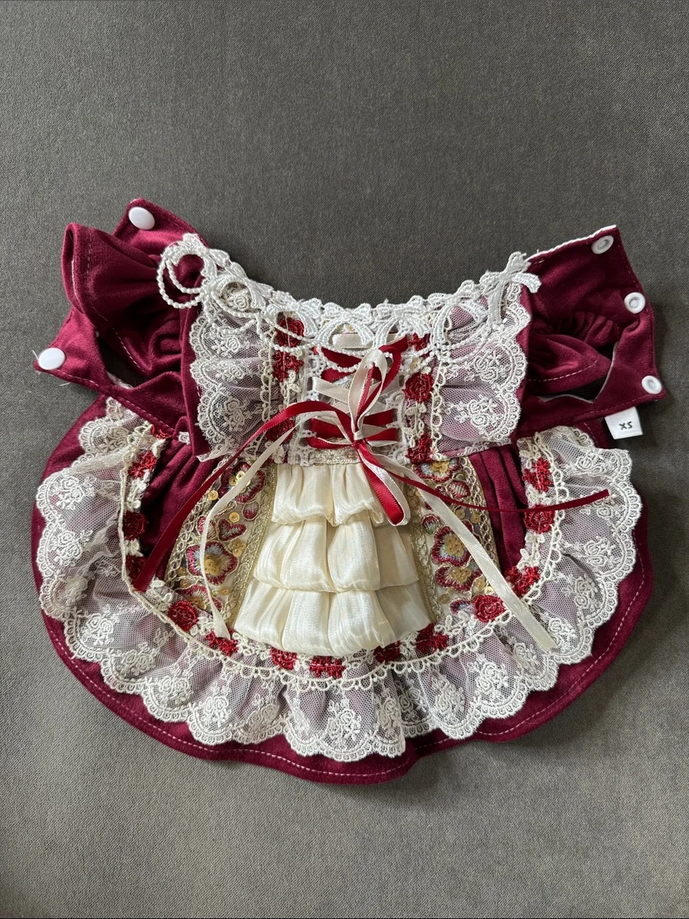 Pet Burgundy Lace Trim Dog Cat Dress Cream Ruffles Wedding Formal Size XS